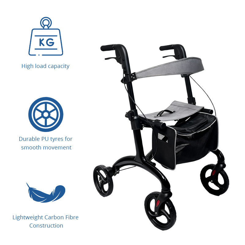 RS-CR3006 All-Terrain Carbon Fiber Rollator for People Restricted Mobility Lightweight Foldable Adjustable Comfortable Seat 120kg Capacity