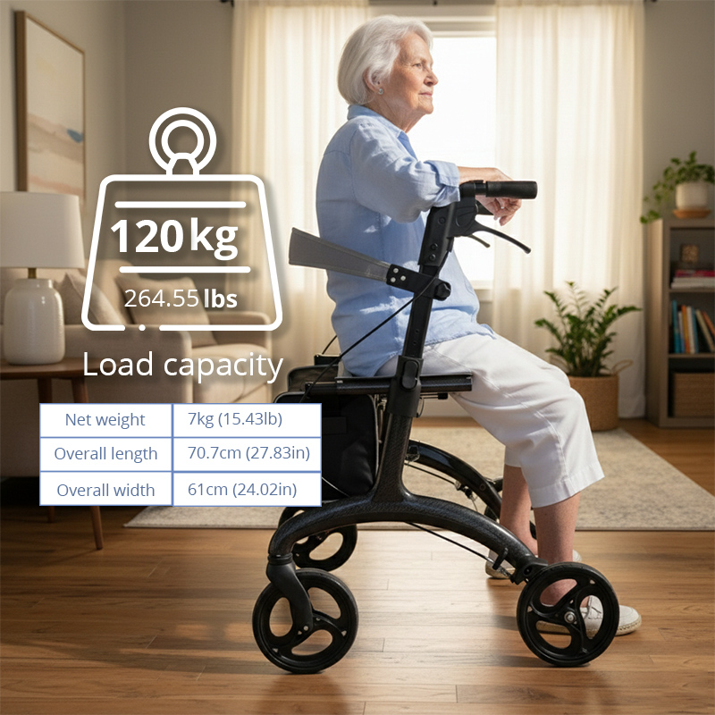 RS-CR3006 All-Terrain Carbon Fiber Rollator for People Restricted Mobility Lightweight Foldable Adjustable Comfortable Seat 120kg Capacity
