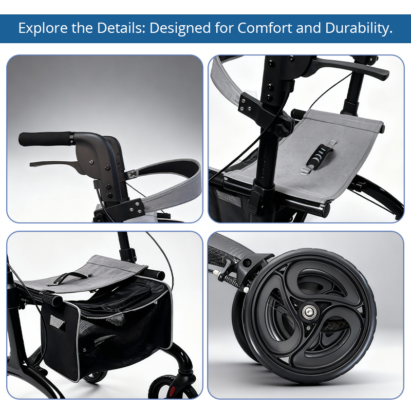 RS-CR3006 All-Terrain Carbon Fiber Rollator for People Restricted Mobility Lightweight Foldable Adjustable Comfortable Seat 120kg Capacity