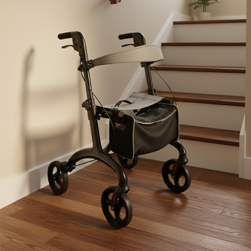 RS-CR3006 All-Terrain Carbon Fiber Rollator for People Restricted Mobility Lightweight Foldable Adjustable Comfortable Seat 120kg Capacity
