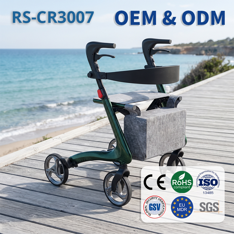 CR3007-G   Carbon Fiber Rollator Walker Seat OEM ODM Lightweight High Load Capacity Foldable Mobility Aid for Elderly Users