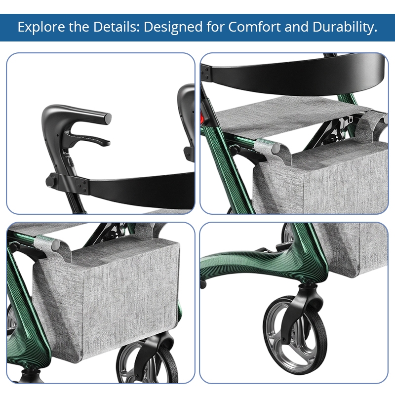 CR3007-G   Carbon Fiber Rollator Walker Seat OEM ODM Lightweight High Load Capacity Foldable Mobility Aid for Elderly Users