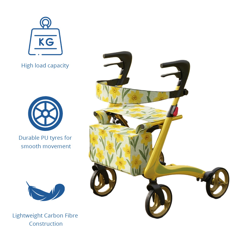 RS-CR3007 Carbon Fiber Rollator Walker with Seat OEM ODM Lightweight High Load Capacity Foldable Mobility Aid for Elderly Users