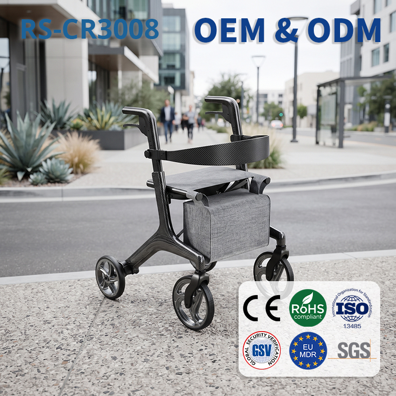 CR3008   Carbon Fiber Rollator Walker Seat OEM ODM Lightweight High Load Capacity Foldable Mobility Aid for Elderly Users
