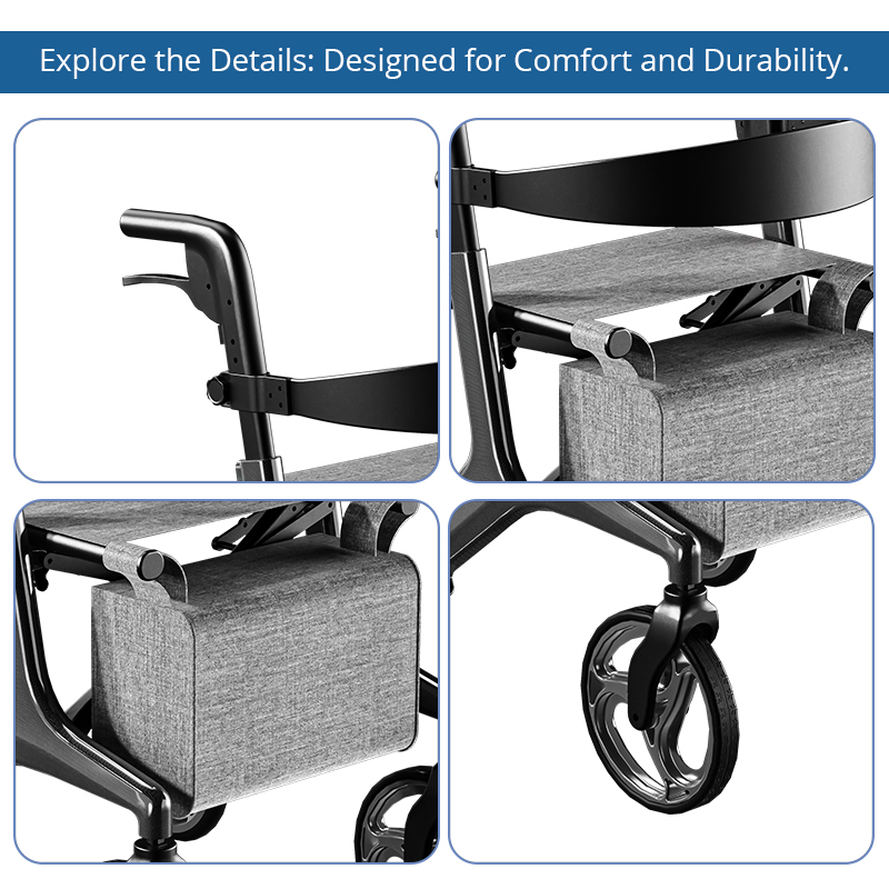 CR3008   Carbon Fiber Rollator Walker Seat OEM ODM Lightweight High Load Capacity Foldable Mobility Aid for Elderly Users
