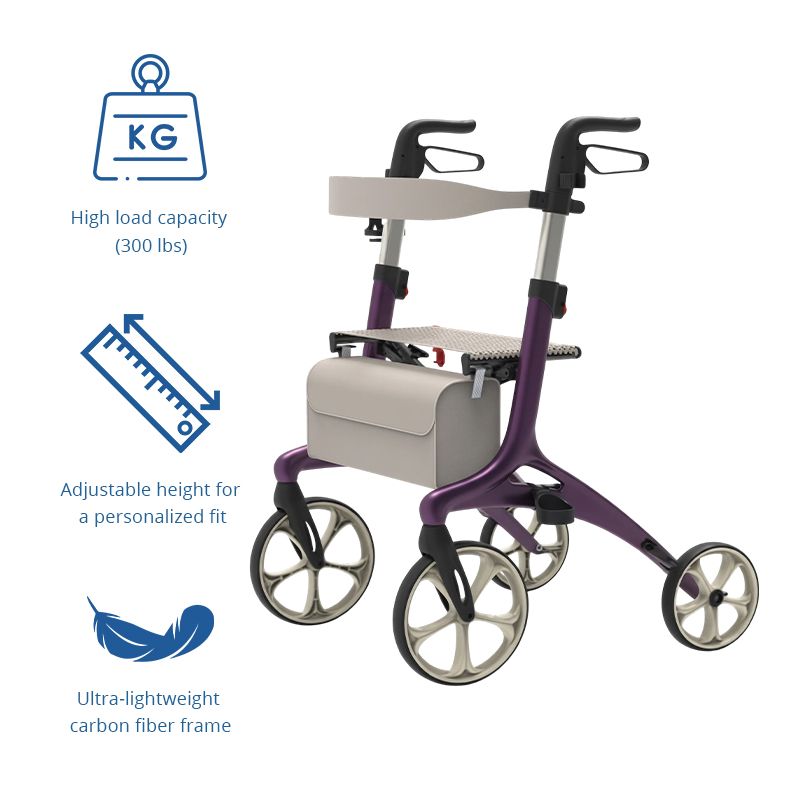 CR3011-PP   Ultralight Carbon Fiber Rollator CE Certified Hospital Use Rehabilitation Patients Adjustable Height Compact Folding