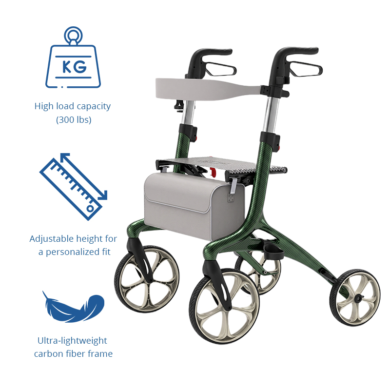 CR-3011 Carbon Fibre Rollator Walker for Seniors - Lightweight, Foldable, Adjustable Height, with Cushioned Seat, Easy Storage