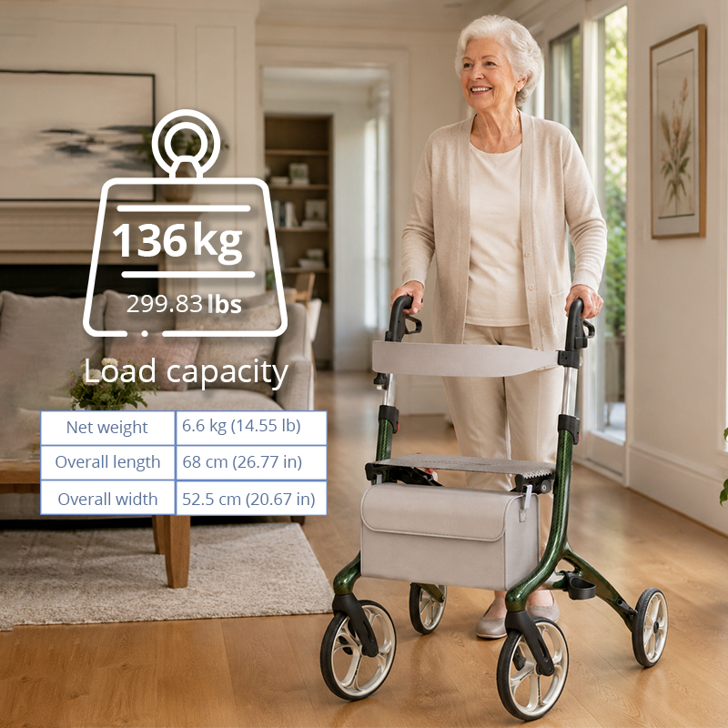 CR-3011 Carbon Fibre Rollator Walker for Seniors - Lightweight, Foldable, Adjustable Height, with Cushioned Seat, Easy Storage