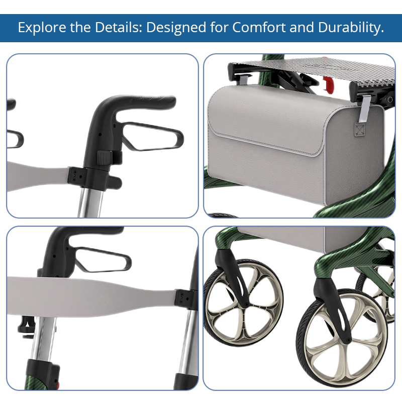 CR-3011 Carbon Fibre Rollator Walker for Seniors - Lightweight, Foldable, Adjustable Height, with Cushioned Seat, Easy Storage