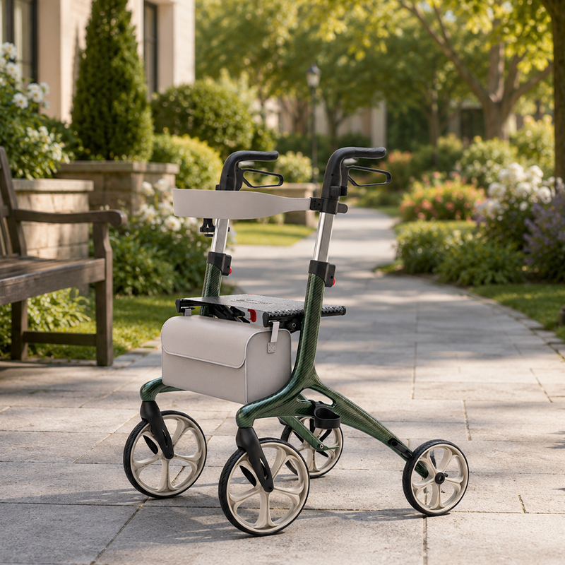 CR-3011 Carbon Fibre Rollator Walker for Seniors - Lightweight, Foldable, Adjustable Height, with Cushioned Seat, Easy Storage