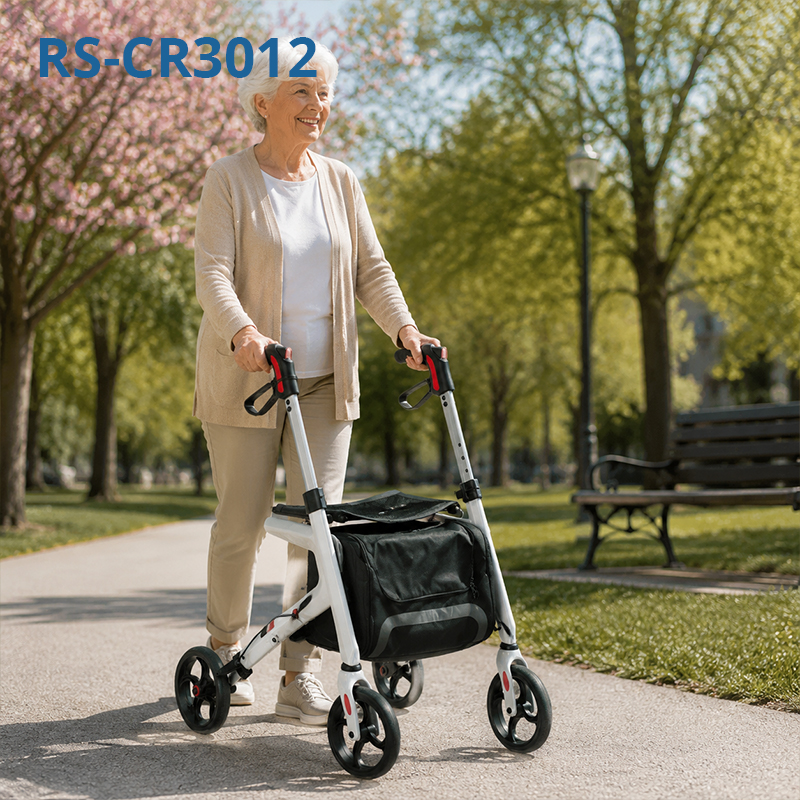 CR 3012-W Modern Concept Carbon Fibre Rollator Walker Lightweight Foldable White Body Black Seat Red Detail Design
