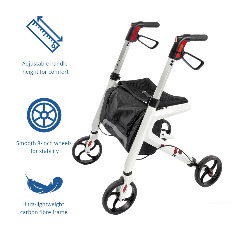 CR 3012-W Modern Concept Carbon Fibre Rollator Walker Lightweight Foldable White Body Black Seat Red Detail Design