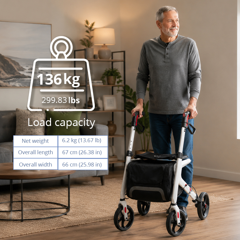 CR 3012-W Modern Concept Carbon Fibre Rollator Walker Lightweight Foldable White Body Black Seat Red Detail Design