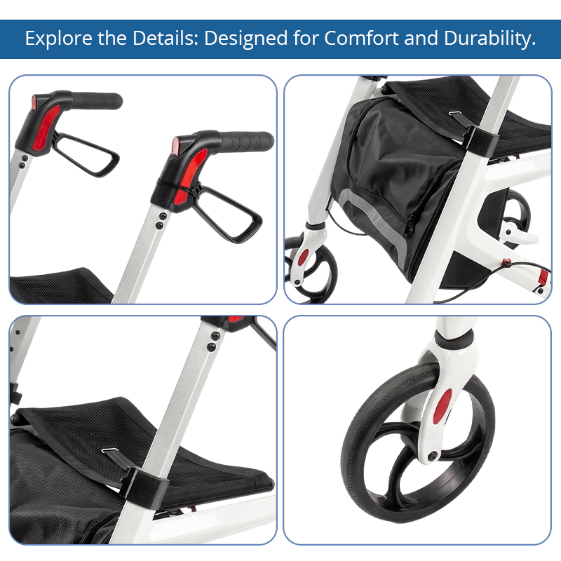 CR 3012-W Modern Concept Carbon Fibre Rollator Walker Lightweight Foldable White Body Black Seat Red Detail Design