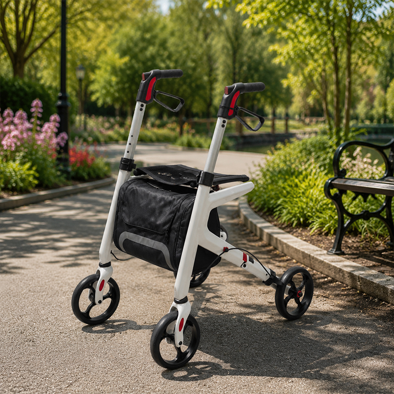 CR 3012-W Modern Concept Carbon Fibre Rollator Walker Lightweight Foldable White Body Black Seat Red Detail Design