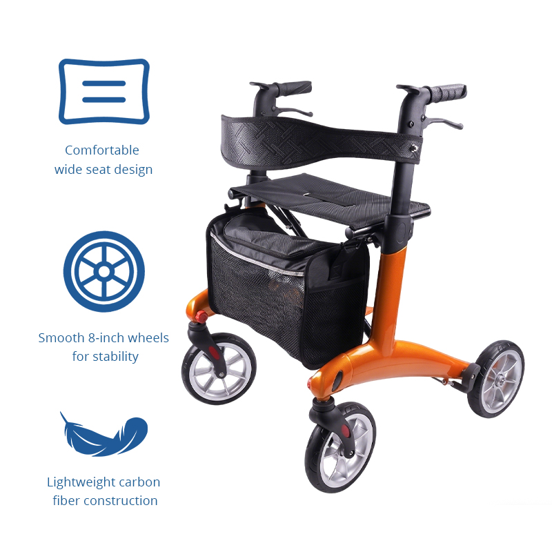CR-3013 Carbon Fiber Rollator Walker for Elderly - Adjustable Height Foldable Padded Seat,136KG Weight Capacity Convenient Storage