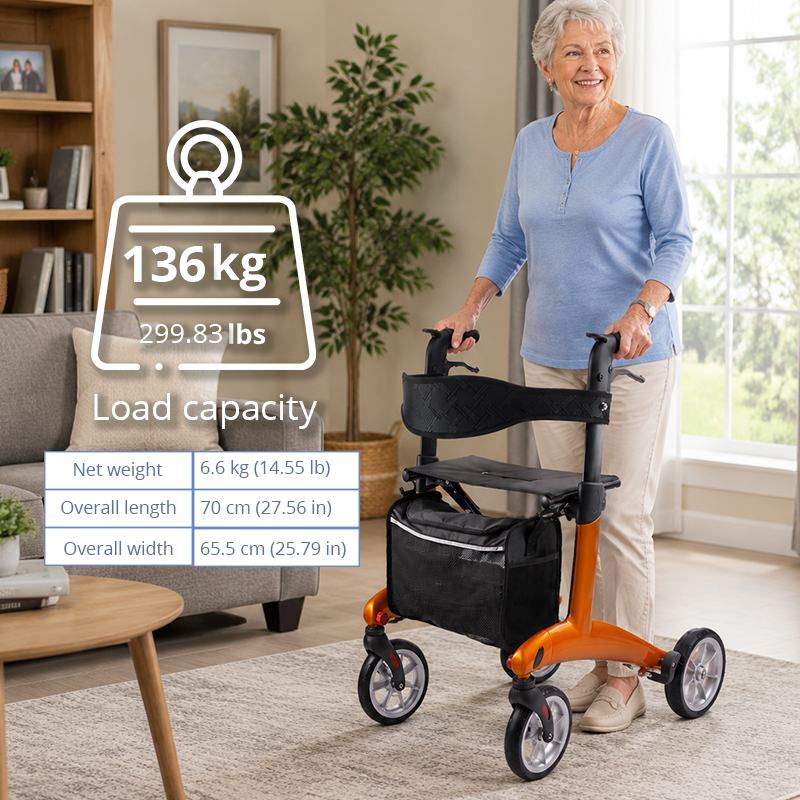 CR-3013 Carbon Fiber Rollator Walker for Elderly - Adjustable Height Foldable Padded Seat,136KG Weight Capacity Convenient Storage
