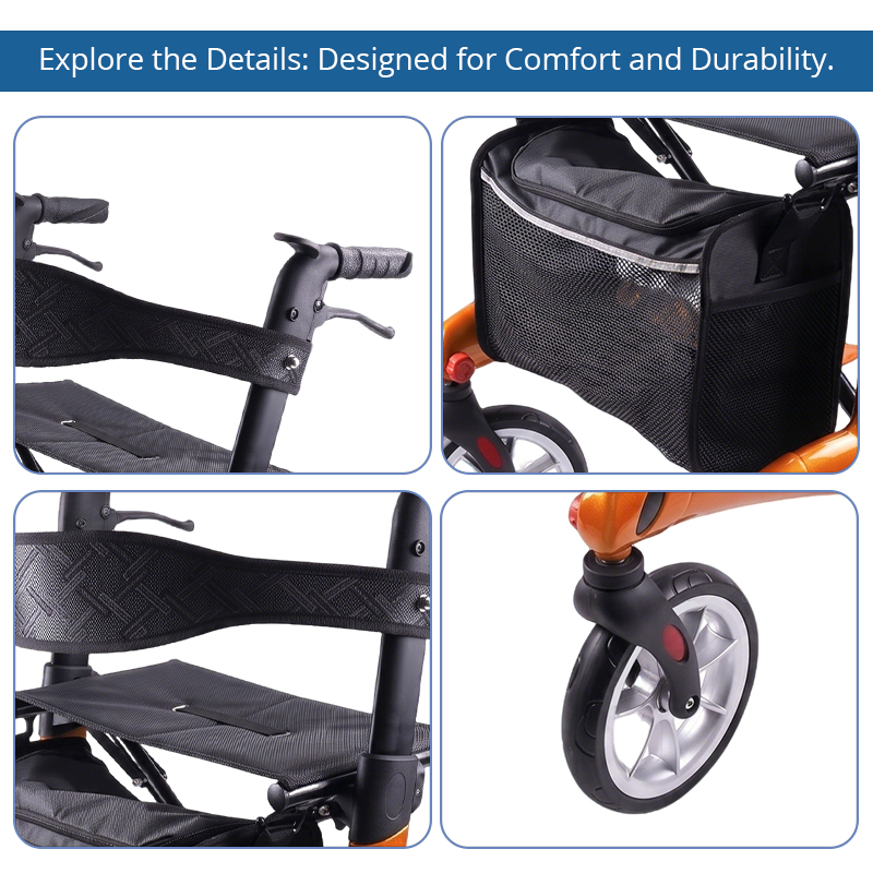 CR-3013 Carbon Fiber Rollator Walker for Elderly - Adjustable Height Foldable Padded Seat,136KG Weight Capacity Convenient Storage