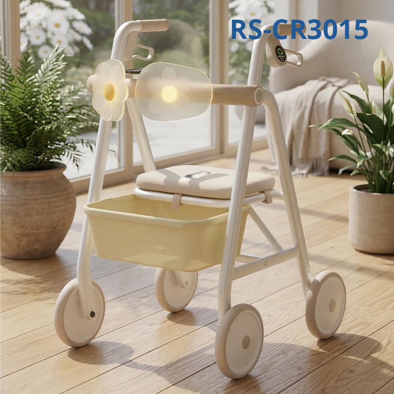 CR 3015 Designer Rollator Walker with Floral LED Lights Lightweight Carbon Fibre Frame Large Storage Basket and PU Wheels