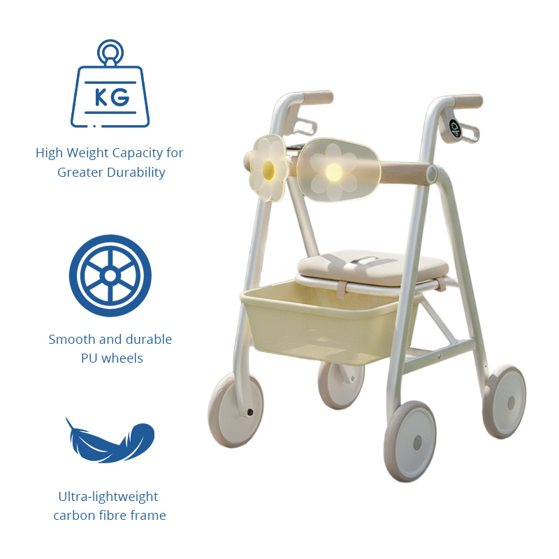CR 3015 Designer Rollator Walker with Floral LED Lights Lightweight Carbon Fibre Frame Large Storage Basket and PU Wheels