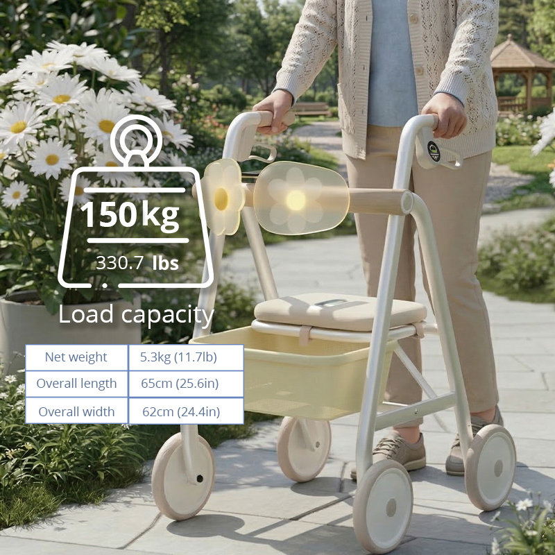 CR 3015 Designer Rollator Walker with Floral LED Lights Lightweight Carbon Fibre Frame Large Storage Basket and PU Wheels