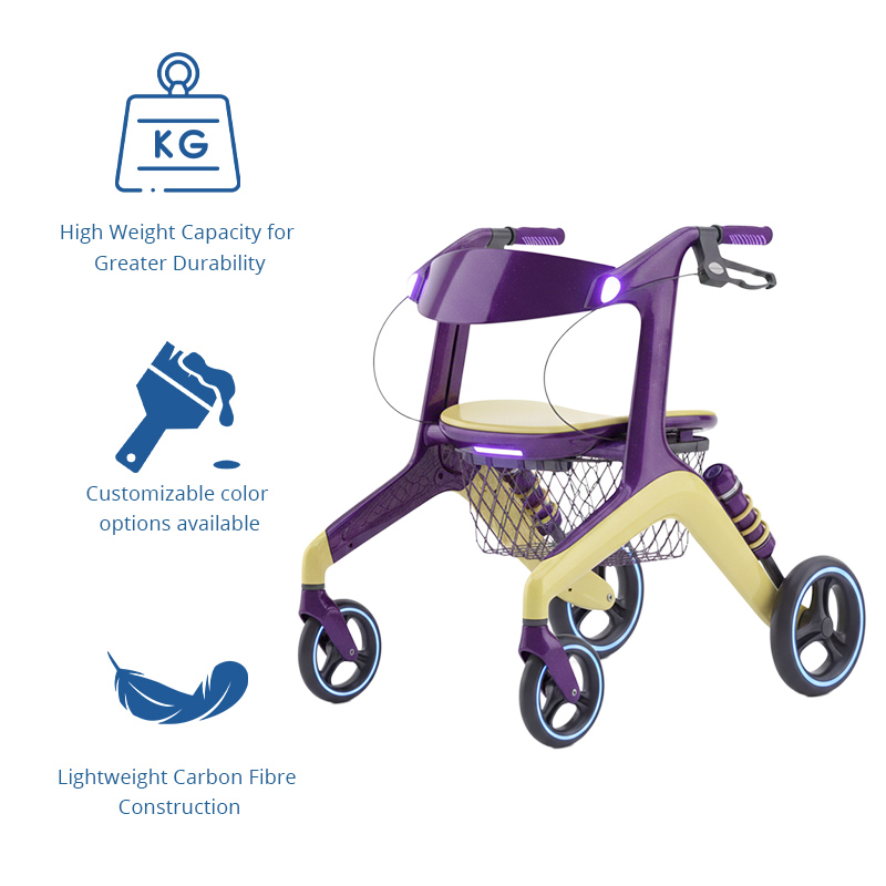 CR3018 Modern Concept Design Rollator Walker Purple Cream Yellow Carbon Fiber Lightweight Stylish Mobility Aid for Elderly