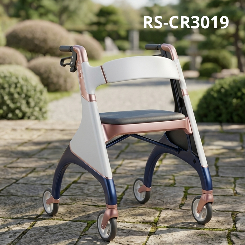 CR3019 Lightweight Carbon Fiber Rollator Walker Cream White Rose Gold Finish Durable Mobility Aid for Medical Supply