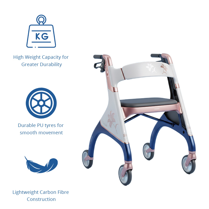 CR3019 Lightweight Carbon Fiber Rollator Walker Cream White Rose Gold Finish Durable Mobility Aid for Medical Supply