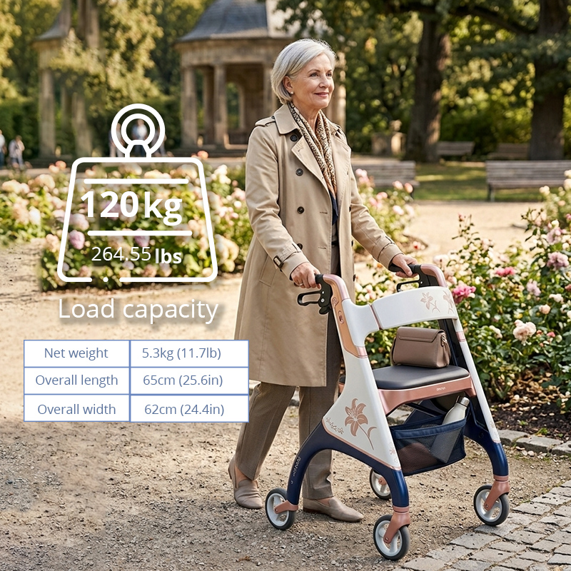 CR3019 Lightweight Carbon Fiber Rollator Walker Cream White Rose Gold Finish Durable Mobility Aid for Medical Supply