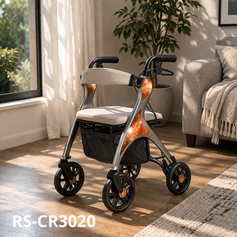 CR-3021 Modern Concept Rollator Walker Carbon Fiber Frame Grey Tone with Amber Accents Lightweight Foldable Premium Design
