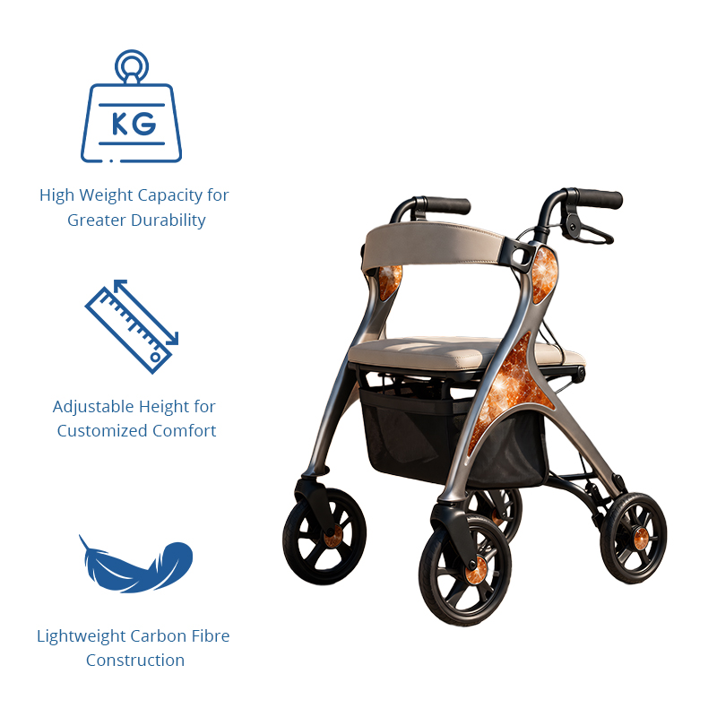 CR-3020 Concept Design Carbon Fiber Rollator Walker Grey Metallic Frame with Orange Crystal Pattern Lightweight Foldable Medical Walker