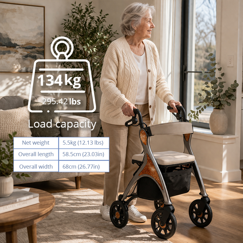 CR-3021 Modern Concept Rollator Walker Carbon Fiber Frame Grey Tone with Amber Accents Lightweight Foldable Premium Design