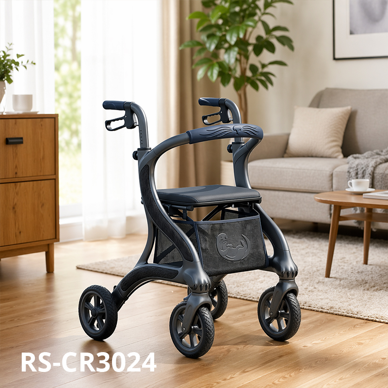 CR-3024 Carbon Fiber Futuristic Concept Rollator Walker Dark Grey Streamline Frame Engraved Pattern Lightweight Mobility Aid for Elderly