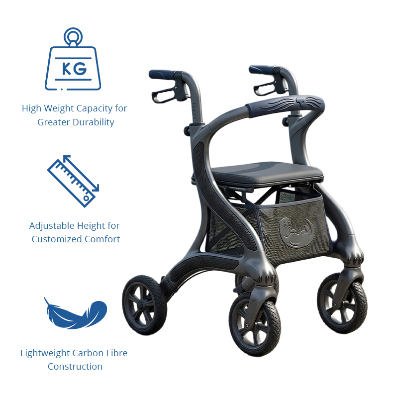 CR-3024 Carbon Fiber Futuristic Concept Rollator Walker Dark Grey Streamline Frame Engraved Pattern Lightweight Mobility Aid for Elderly