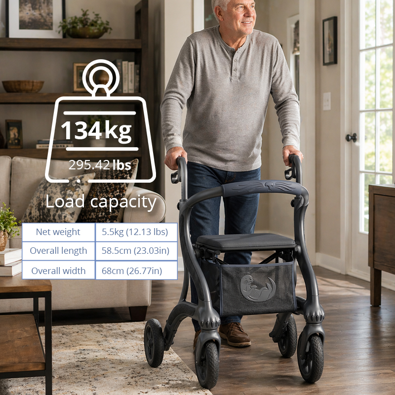 CR-3024 Carbon Fiber Futuristic Concept Rollator Walker Dark Grey Streamline Frame Engraved Pattern Lightweight Mobility Aid for Elderly