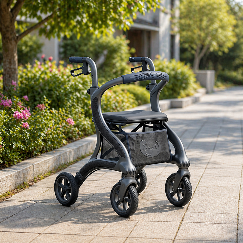 CR-3024 Carbon Fiber Futuristic Concept Rollator Walker Dark Grey Streamline Frame Engraved Pattern Lightweight Mobility Aid for Elderly