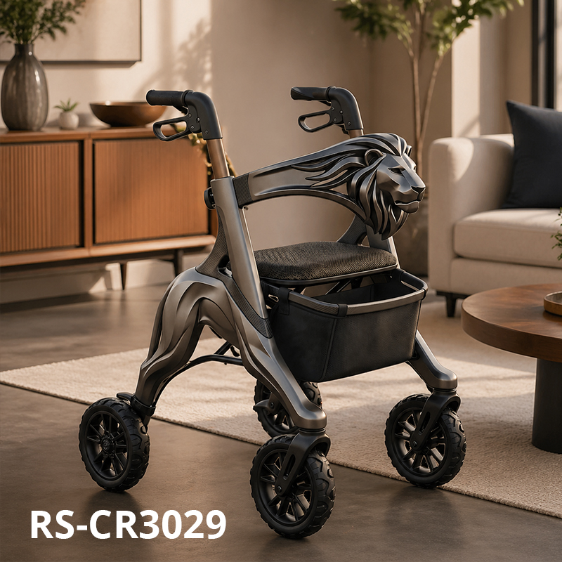 CR-3029 Futuristic Carbon Fiber Rollator Walker Lion Head Design Bronze Metallic Frame Foldable Lightweight PU Wheels OEM ODM Mobility