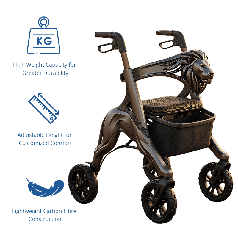 CR-3029 Futuristic Carbon Fiber Rollator Walker Lion Head Design Bronze Metallic Frame Foldable Lightweight PU Wheels OEM ODM Mobility
