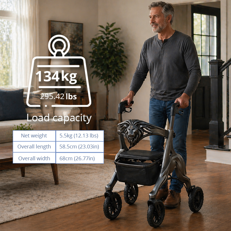 CR-3029 Futuristic Carbon Fiber Rollator Walker Lion Head Design Bronze Metallic Frame Foldable Lightweight PU Wheels OEM ODM Mobility