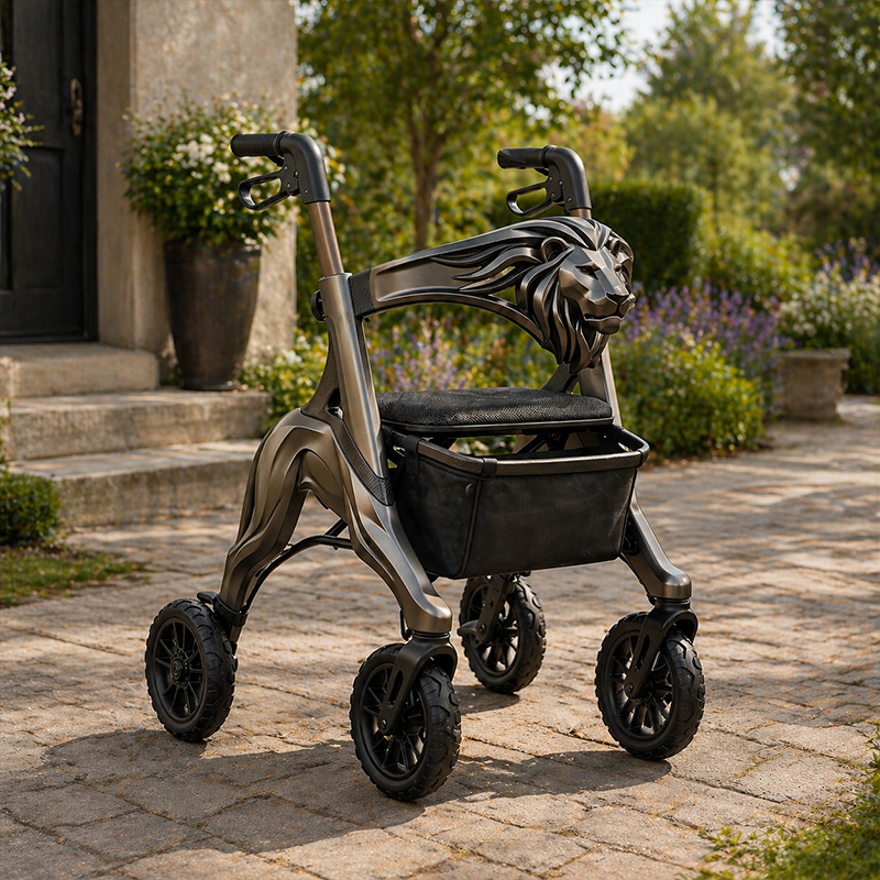 CR-3029 Futuristic Carbon Fiber Rollator Walker Lion Head Design Bronze Metallic Frame Foldable Lightweight PU Wheels OEM ODM Mobility