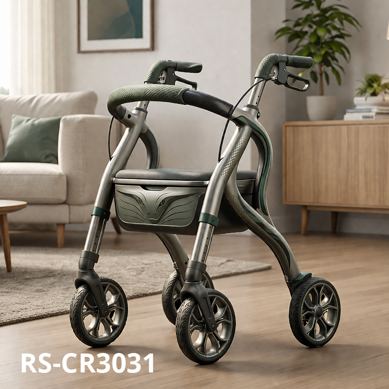 CR-3031 CarbonFiber Rollator Walker Olive Green Ergonomic Curve Frame Leaf Pattern Lightweight Foldable Premium OEM for Elderly Mobility