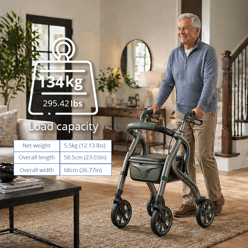CR-3031 CarbonFiber Rollator Walker Olive Green Ergonomic Curve Frame Leaf Pattern Lightweight Foldable Premium OEM for Elderly Mobility
