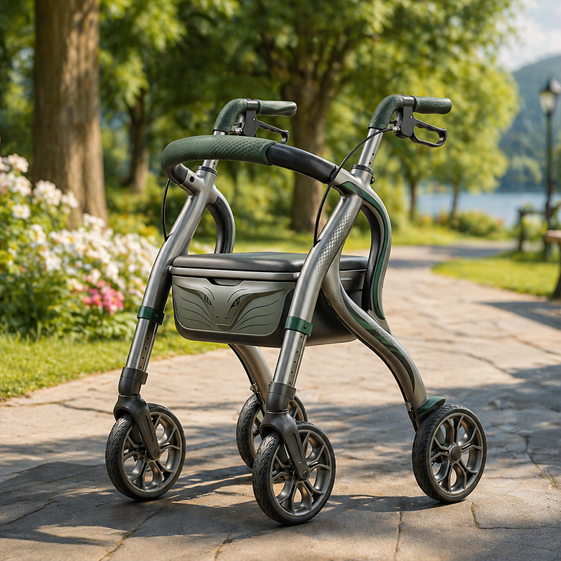 CR-3031 CarbonFiber Rollator Walker Olive Green Ergonomic Curve Frame Leaf Pattern Lightweight Foldable Premium OEM for Elderly Mobility