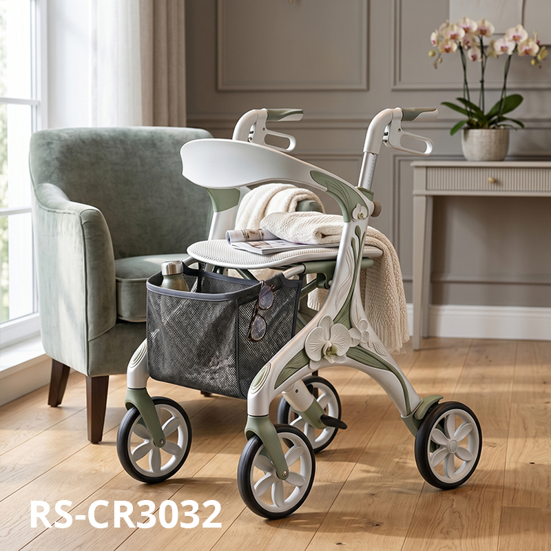CR-3032 Futuristic Concept Carbon Fiber Rollator Walker Olive Green & Ivory Orchid Pattern Lightweight Foldable Medical Mobility Aid