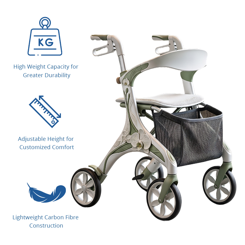 CR-3032 Futuristic Concept Carbon Fiber Rollator Walker Olive Green & Ivory Orchid Pattern Lightweight Foldable Medical Mobility Aid