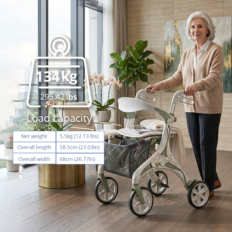 CR-3032 Futuristic Concept Carbon Fiber Rollator Walker Olive Green & Ivory Orchid Pattern Lightweight Foldable Medical Mobility Aid