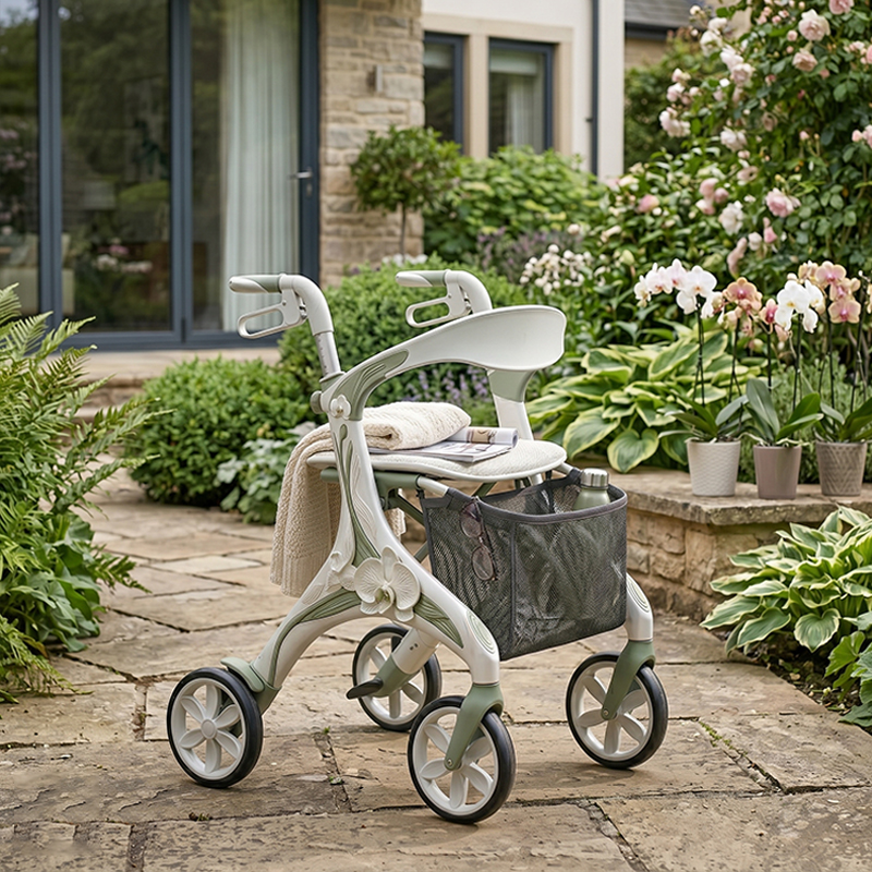 CR-3032 Futuristic Concept Carbon Fiber Rollator Walker Olive Green & Ivory Orchid Pattern Lightweight Foldable Medical Mobility Aid