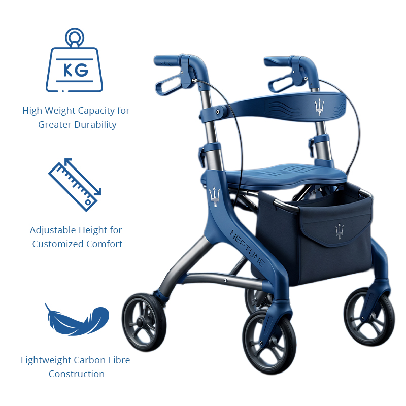 CR-3033 Future Design Carbon Fibre Rollator Walker Adjustable Height Foldable for Easy Storage Stylish Blue with Customizable Decals