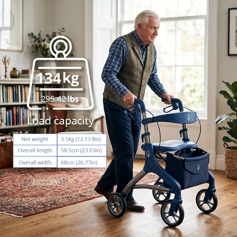 CR-3033 Future Design Carbon Fibre Rollator Walker Adjustable Height Foldable for Easy Storage Stylish Blue with Customizable Decals