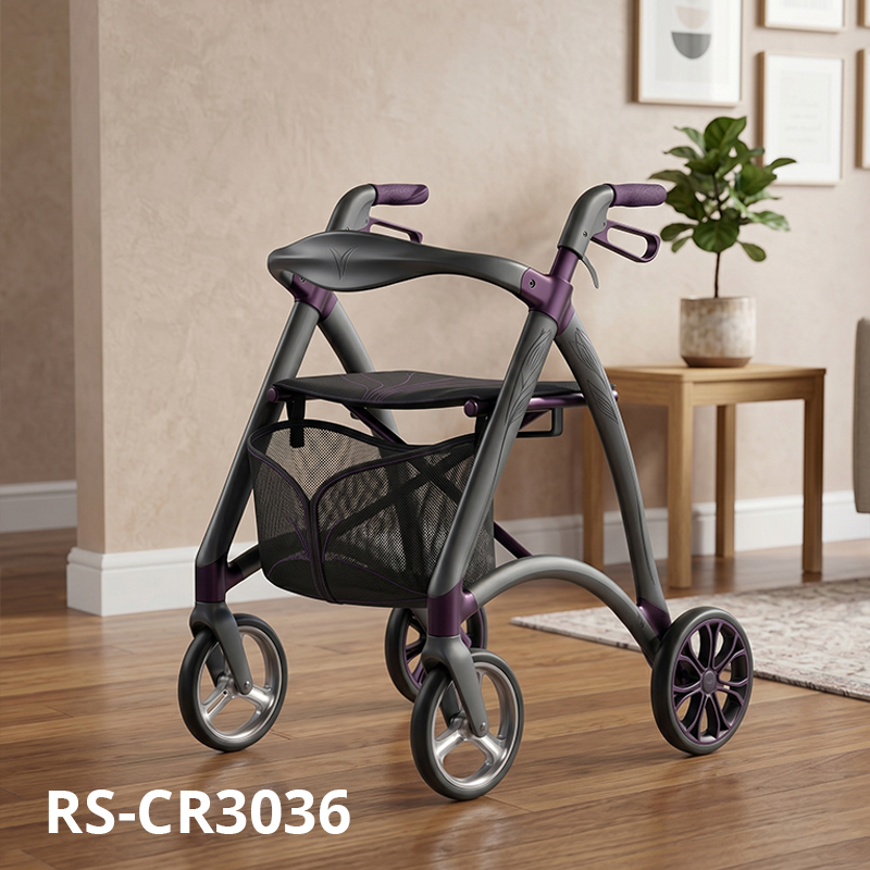 CR-3036 Futuristic Carbon Fibre Rollator Walker  Lightweight, Adjustable Height Outdoor Use Customizable Design Purple & Silver Finish